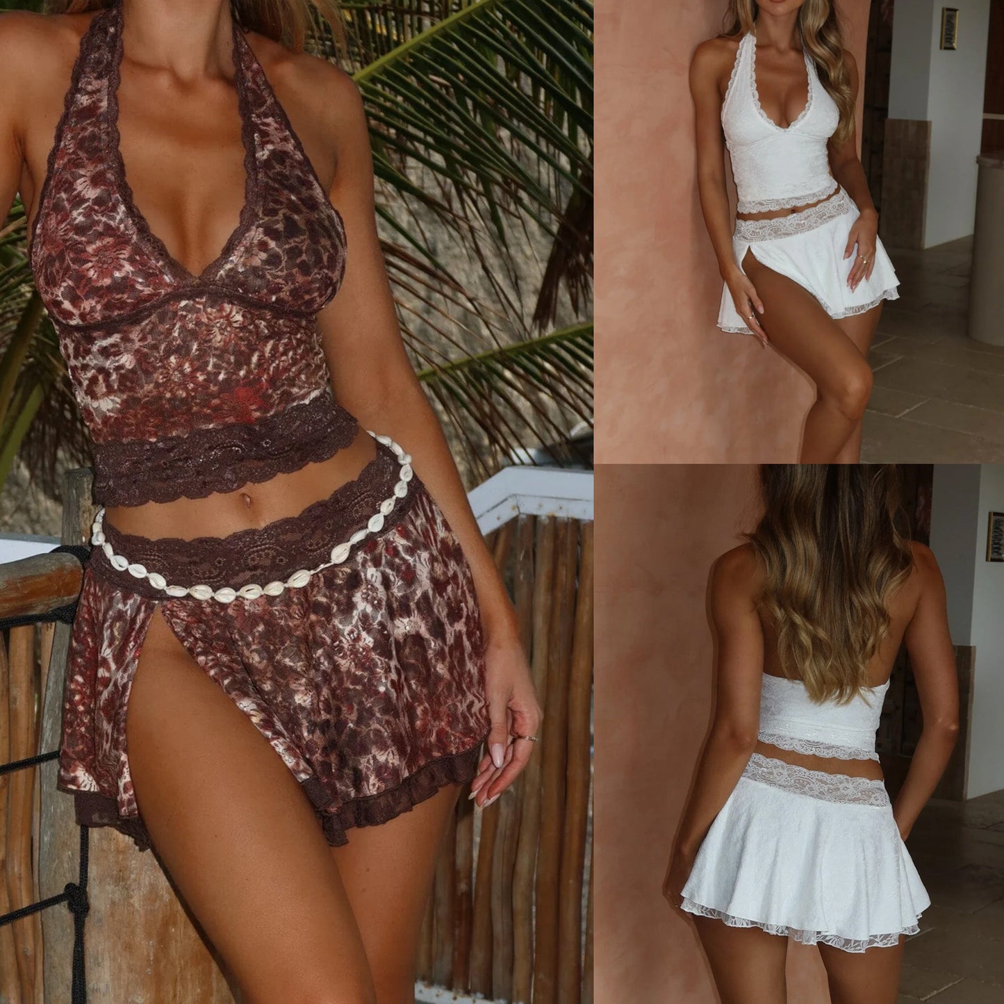 Halter Deep V-neck Short Lace Top Split Skirt Two-piece Set