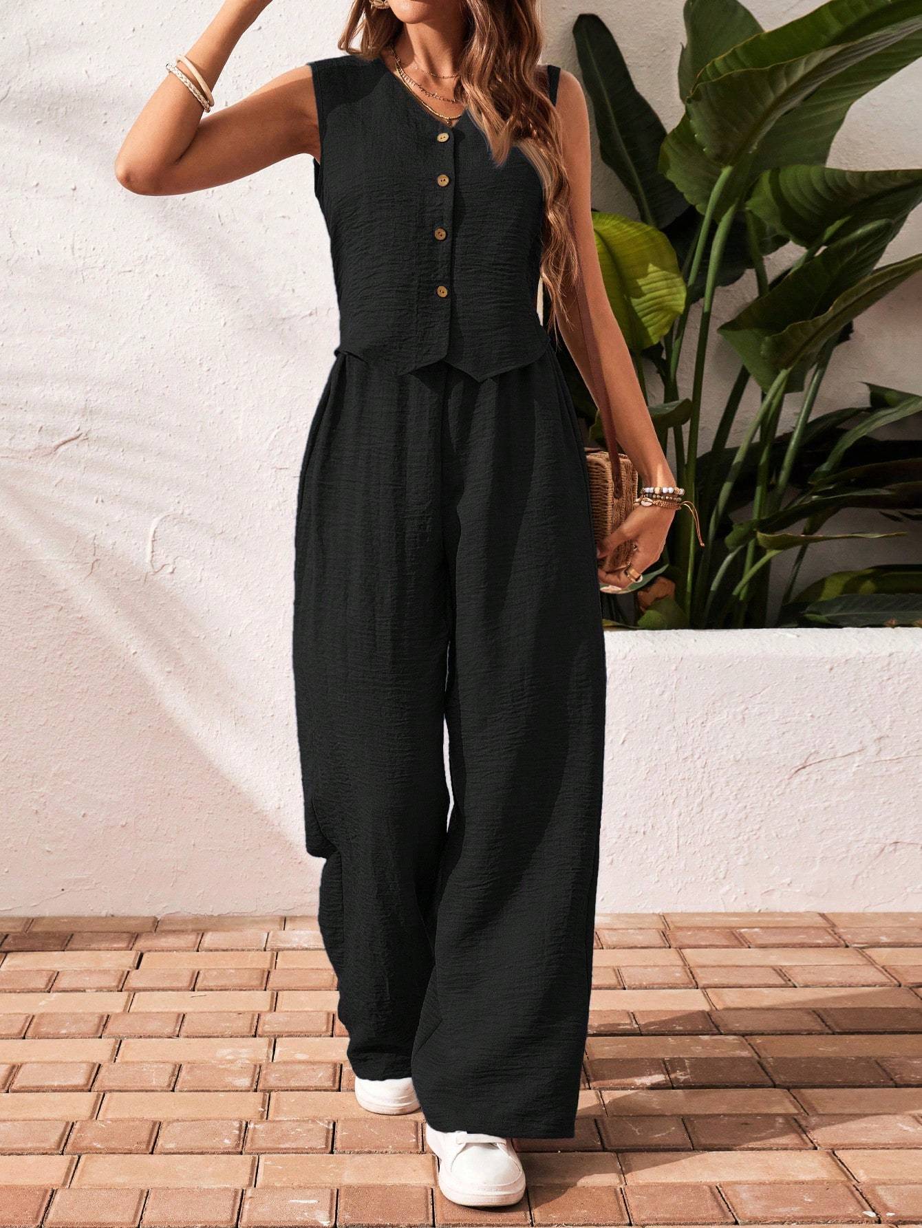 Women's Solid Color Front Button Sleeveless Blouse And Long Pants Casual Suit Set