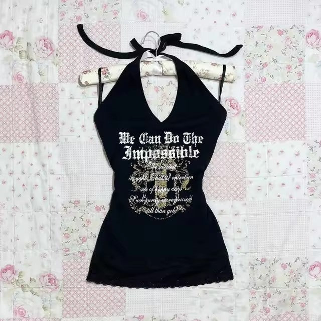 Ladies Bow Lace Trim Printed Sleeveless Tank Top