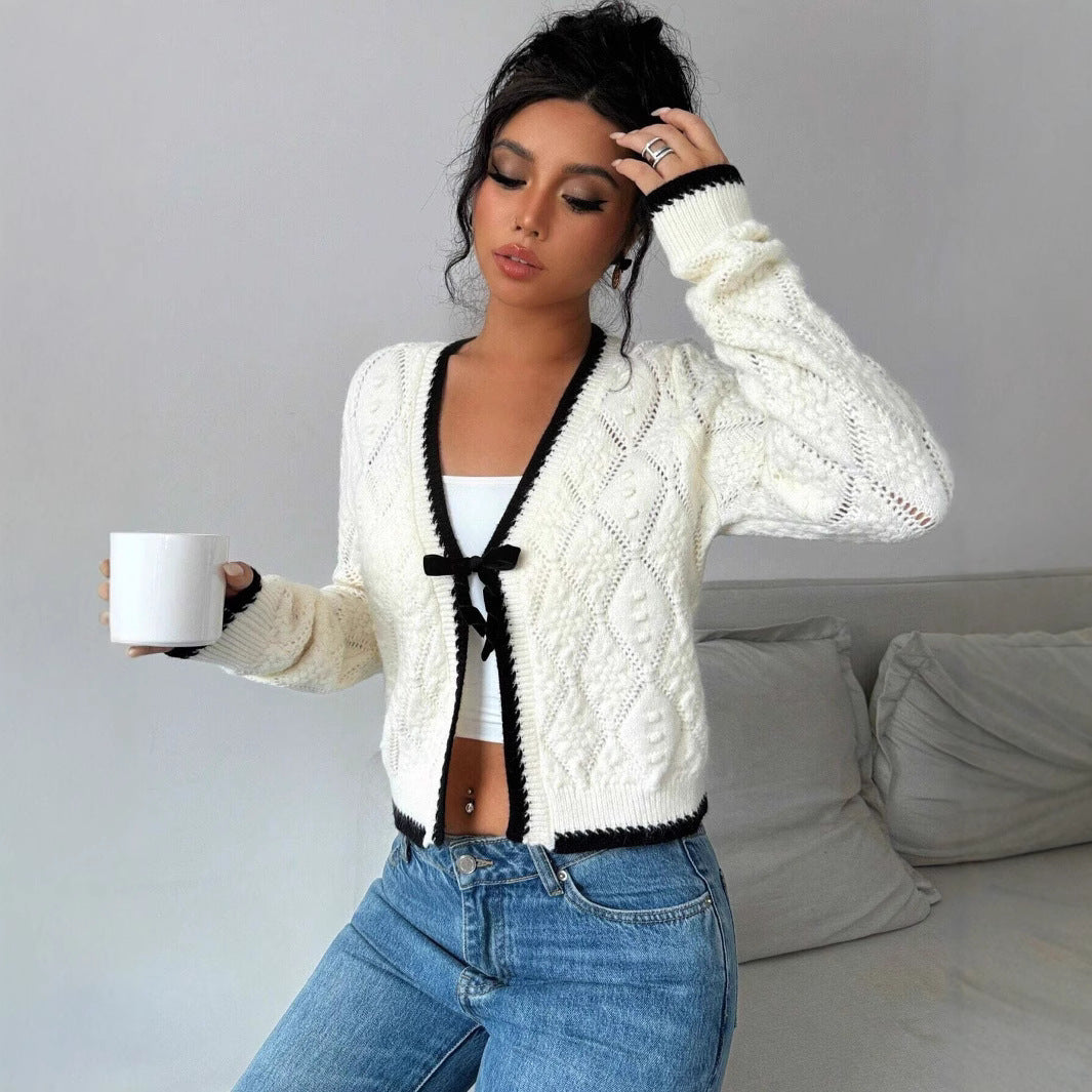 Casual V-neck Bow Tie Knitted Jacket