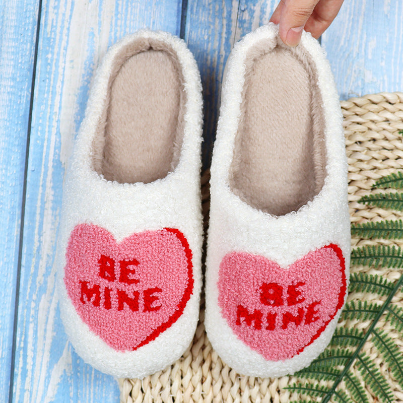 Women's Love Heart Cotton Slippers – Non-Slip Plush Indoor Slides