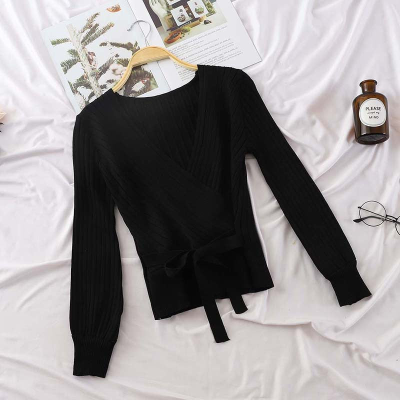 Women V-Neck Waist Belt Bow Knit Pullover Sweater Top