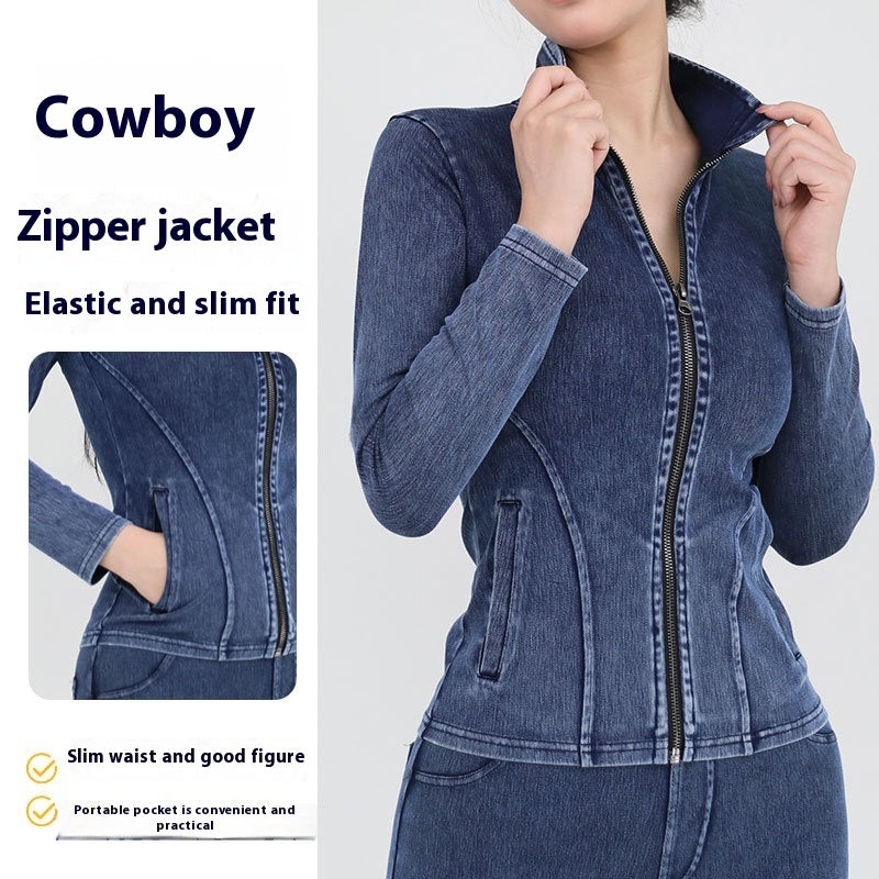 Slim Zippered Yoga Denim Jacket - With Pockets High Collar Fitness Outerwear