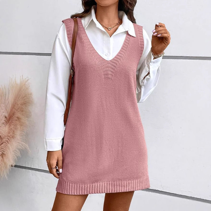 Women V-neck A Long Sweater Vest Dress Fashion Rib Knitted Side Slit