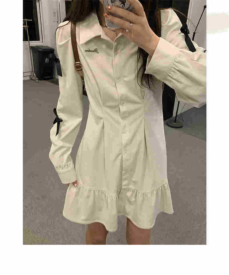 Women Bow Shirt Dress Polo Collar White Long Sleeve Short Dress