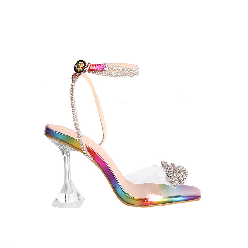 Transparent High Heel Sandals Stiletto Rhinestone Bow