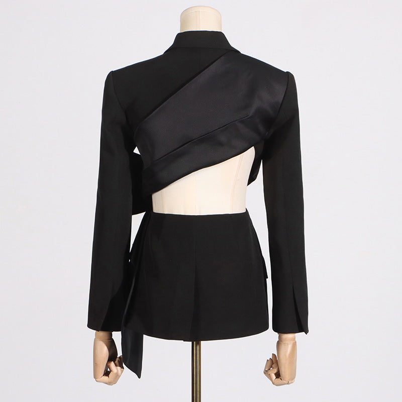 Fashion Sexy V-neck Midriff Outfit Bow Stitching Design Lace-up Waist Tight Suit Jacket