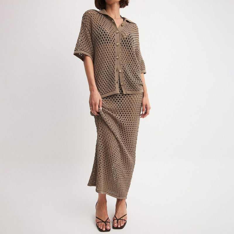 Hollowed-out Fishnet Knitted Shirtdress