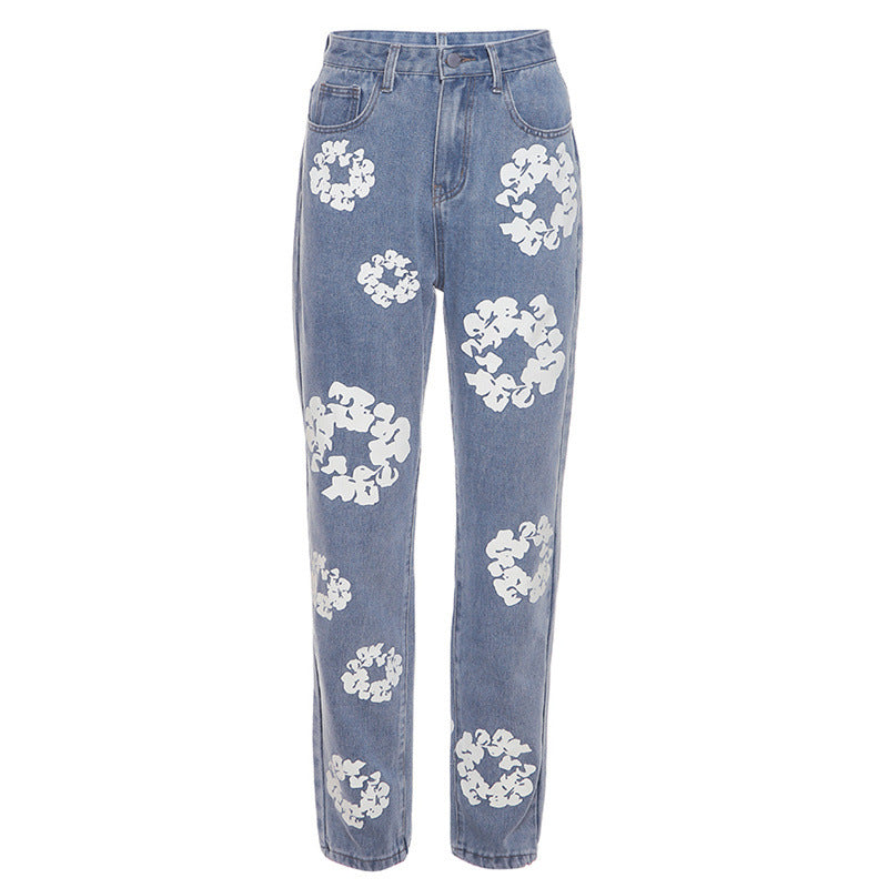 Printed High Waist Straight Jeans For Women