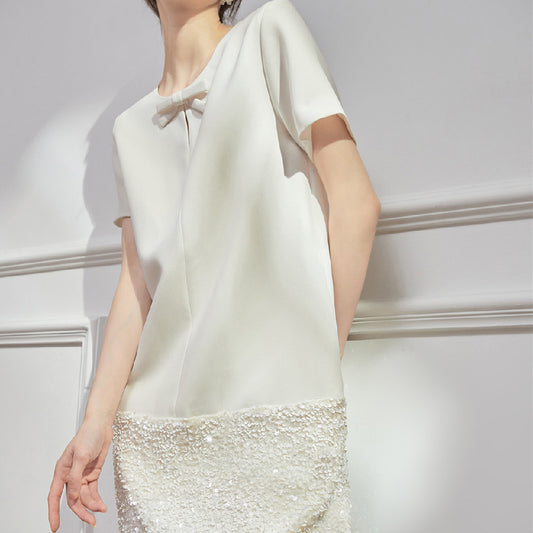 Loose Bow Sequin Stitching Straight Dress