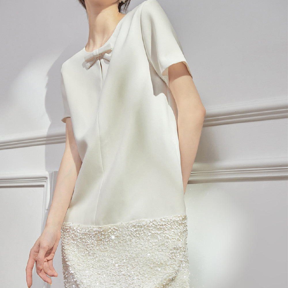 Loose Bow Sequin Stitching Straight Dress