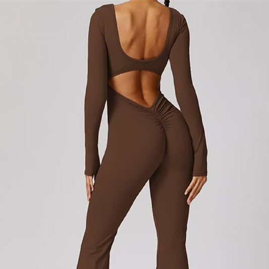 Solid Color Slim Fit Hip Raise Jumpsuit Long Sleeve