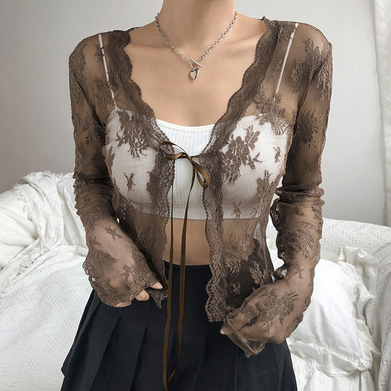 Pure Color Lace Lace Small Cardigan Short-Sleeved Top