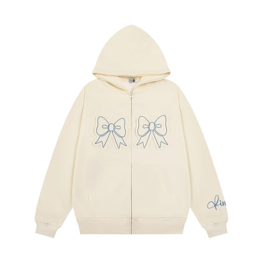 Sweater Bow Paste Cloth Embroidery Hooded Cardigan