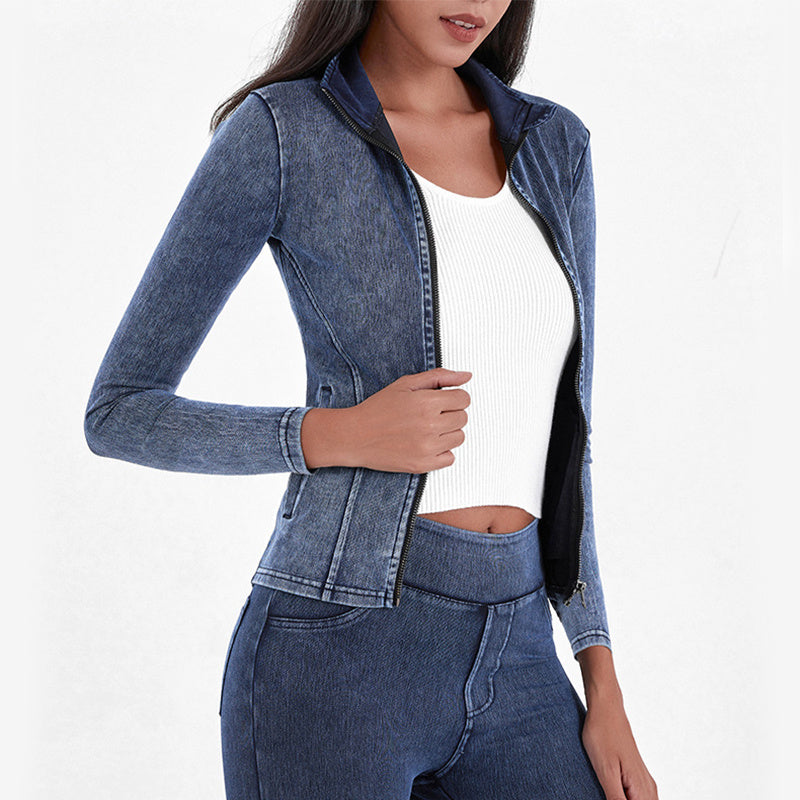 Slim Zippered Yoga Denim Jacket - With Pockets High Collar Fitness Outerwear