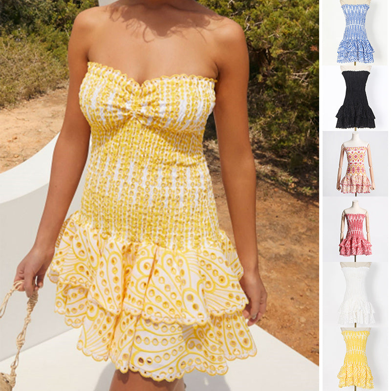 Y2K Tube Top Pleated Dress Ins Fashion Print A-line Short Dresses For Beach Party Clothing Women