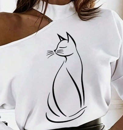 Women's White Long Sleeve T-Shirt - With Cartoon Line Pattern & Open Shoulder Design Graphic Tees