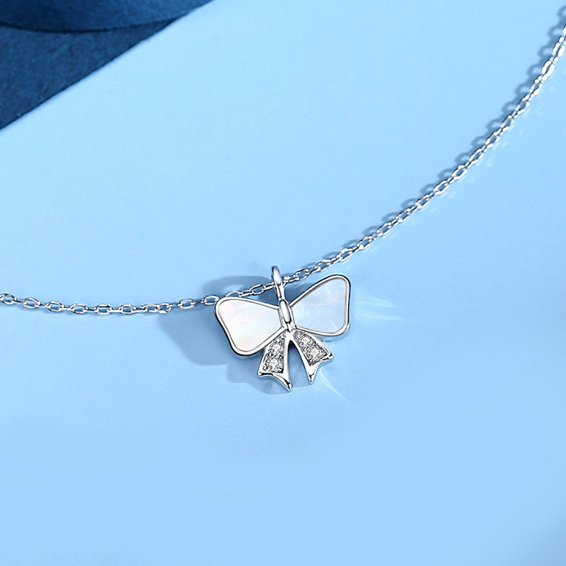 Women S925 Sterling Silver Bow White Shell Necklace