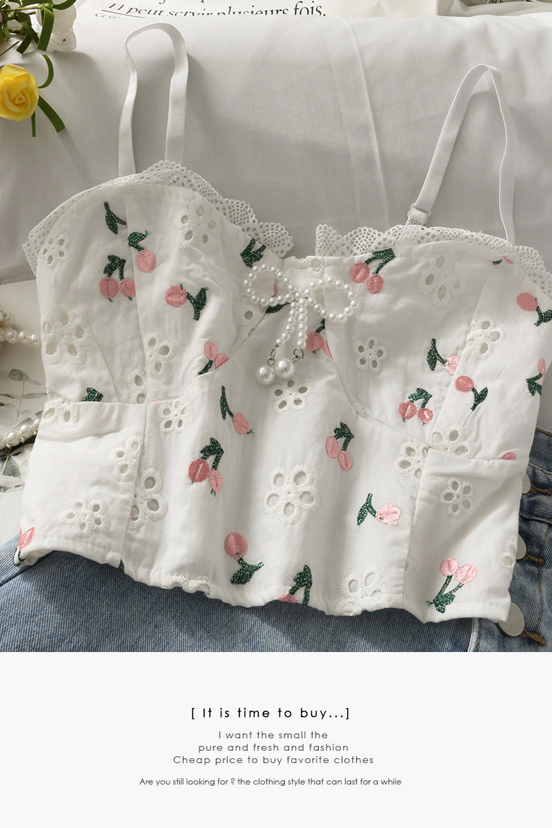 Sweet Wind Embroidered Embroidered Beaded Bow Decoration Short Lace Small Vest Women