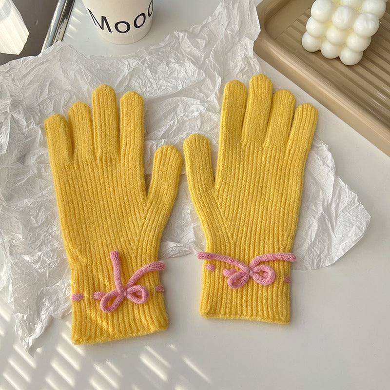 Winter New Bow Pure Color Warm Keeping Finger Gloves