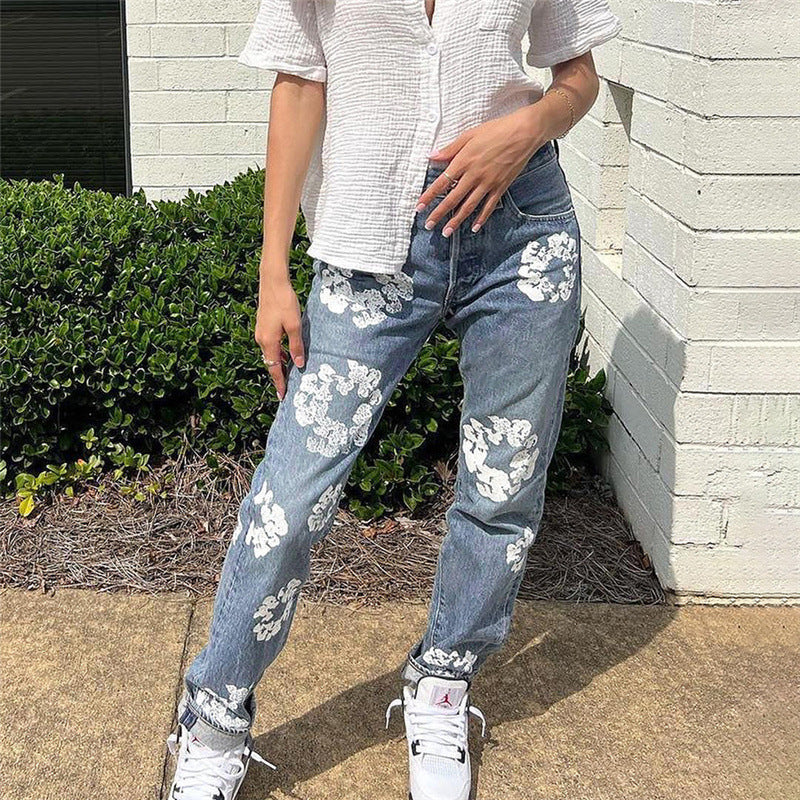 Printed High Waist Straight Jeans For Women