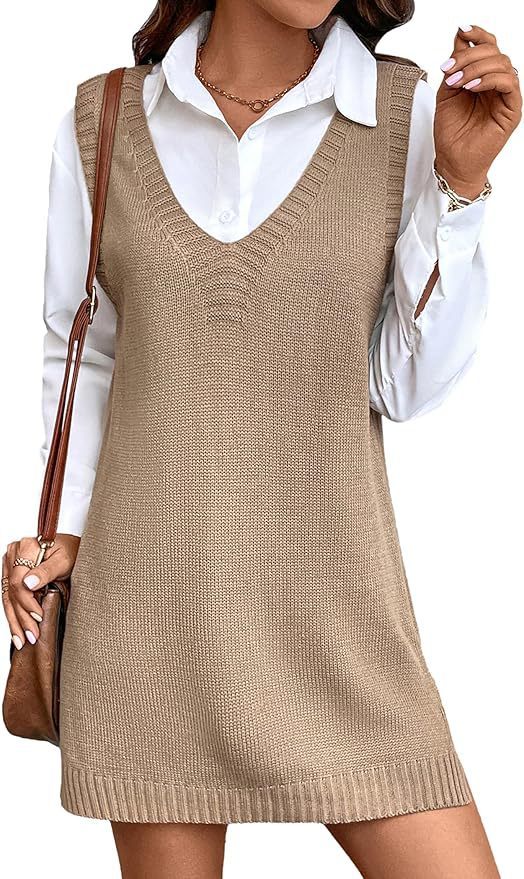 Women V-neck A Long Sweater Vest Dress Fashion Rib Knitted Side Slit