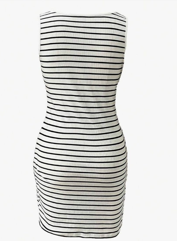 Round Neck Keyhole Button Pockets Striped Fitted Knit Tank Dress