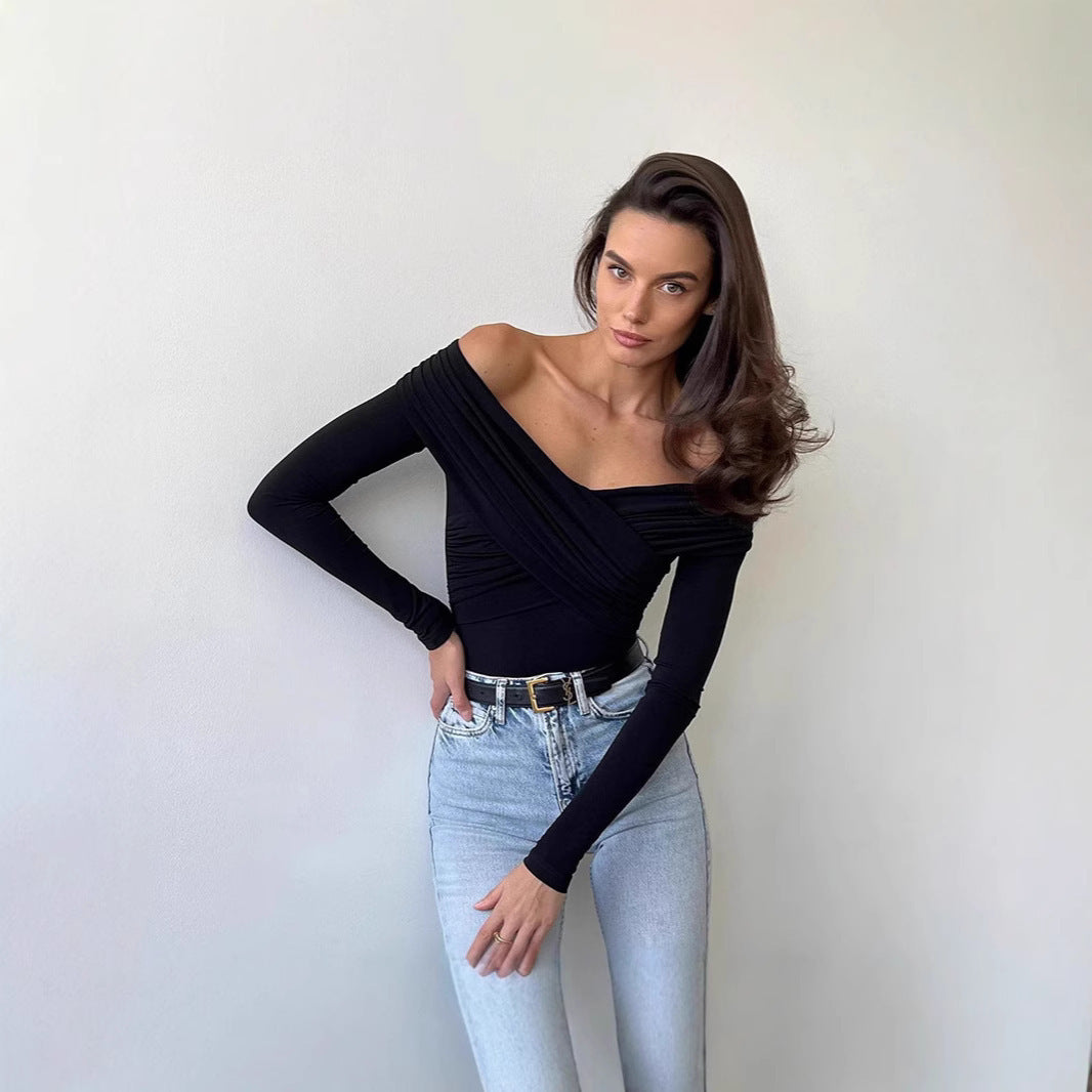 Fashion V-neck Off-shoulder Stitching Long Sleeve Slim-fit Top