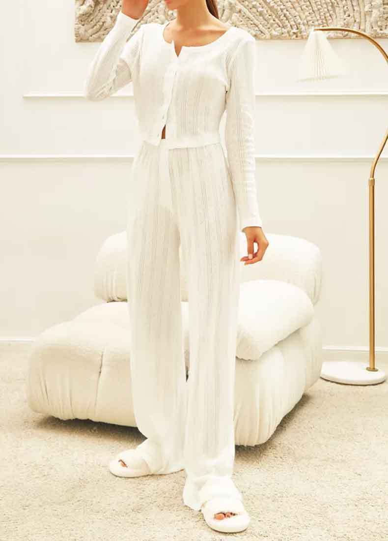 Fashion Cardigan Long Sleeve Hollow-out Knitted Pajamas