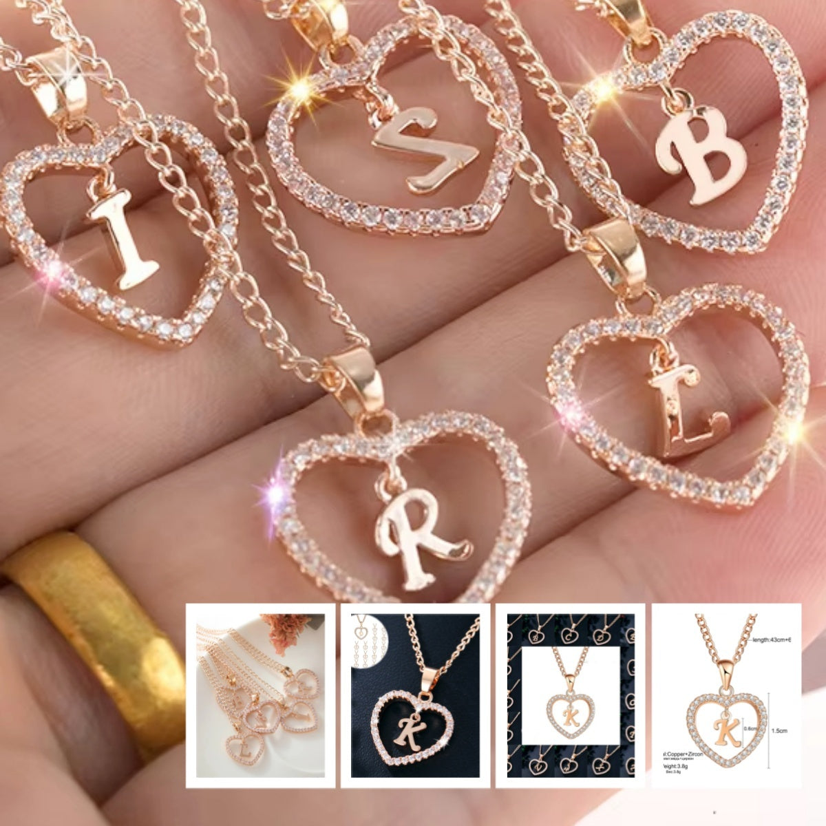 Heart-shaped Zircon Pendant Necklace Stainless Steel Gold 26 Letters