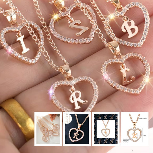 Heart-shaped Zircon Pendant Necklace Stainless Steel Gold 26 Letters