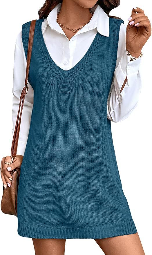 Women V-neck A Long Sweater Vest Dress Fashion Rib Knitted Side Slit