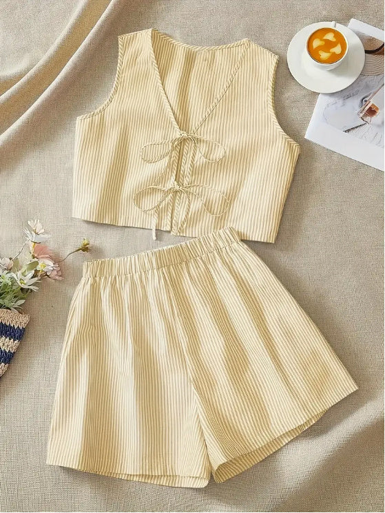 Elegant Striped Knit Tank Top And High-Waist Loose Shorts Set For Women