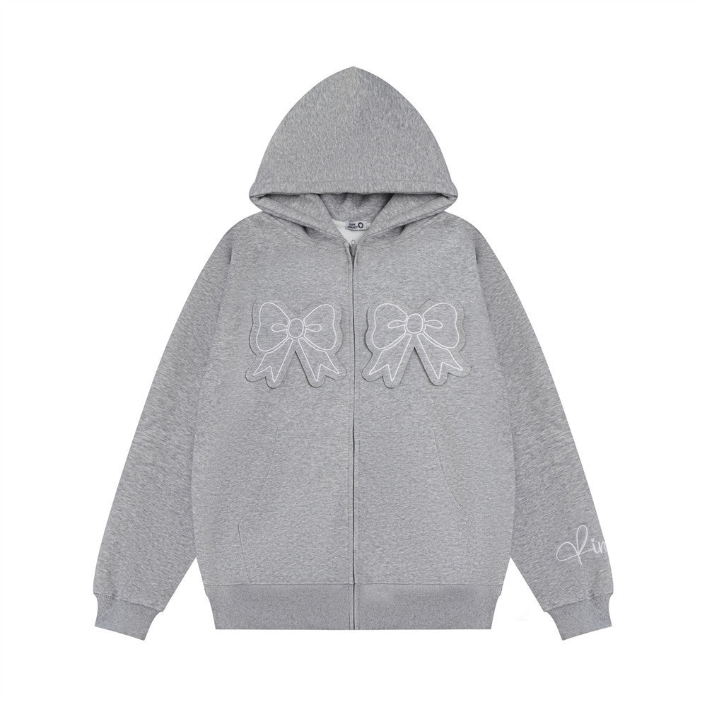 Sweater Bow Paste Cloth Embroidery Hooded Cardigan