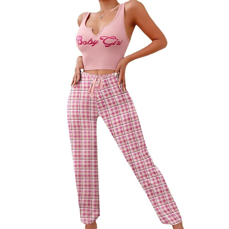 Women's Spring/Summer Casual Pajama Set – Sleeveless Letter Print Top and Color-Blocked Plaid Pants