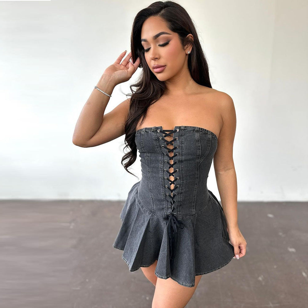 Women's Zipper Lace-up Chest Wrap Short Denim Dress