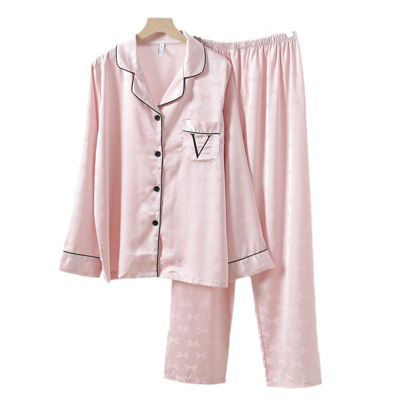 Ladies Bow Jacquard Embroidery Sweet Ice Silk Pajamas