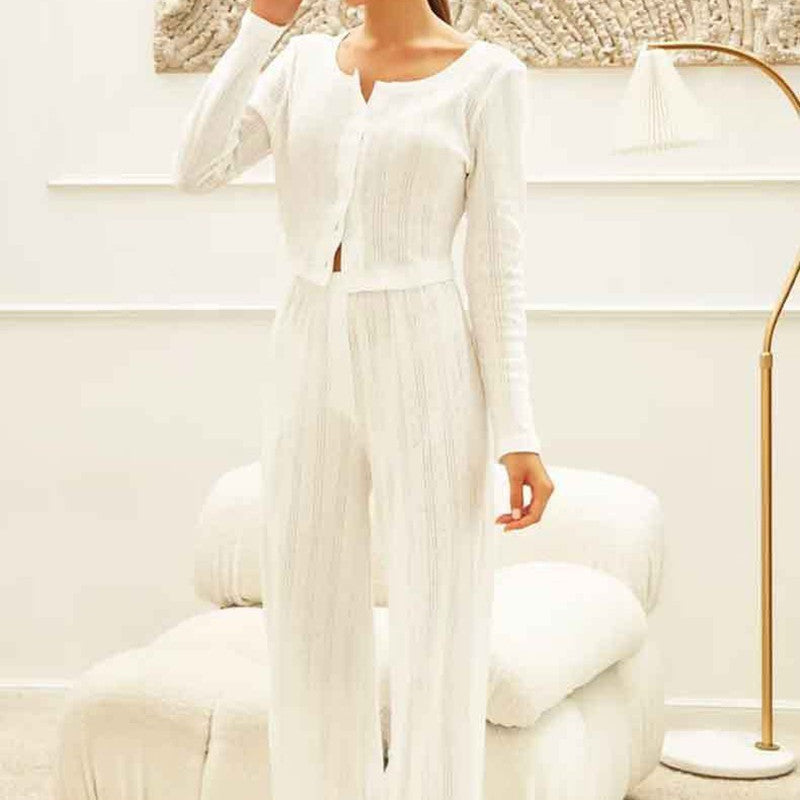 Fashion Cardigan Long Sleeve Hollow-out Knitted Pajamas