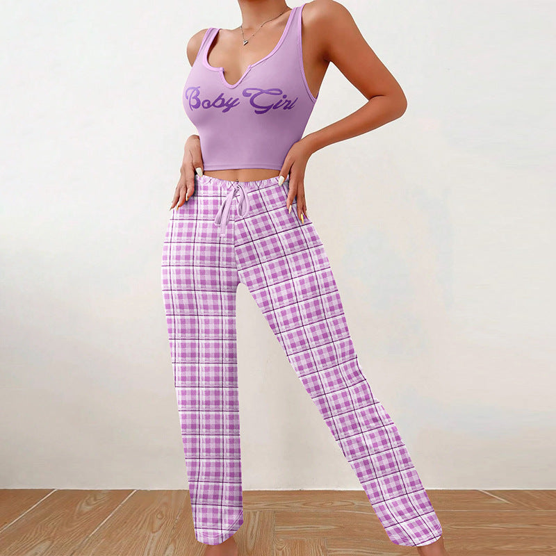 Women's Spring/Summer Casual Pajama Set – Sleeveless Letter Print Top and Color-Blocked Plaid Pants