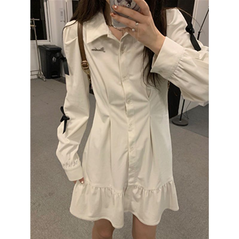 Women Bow Shirt Dress Polo Collar White Long Sleeve Short Dress