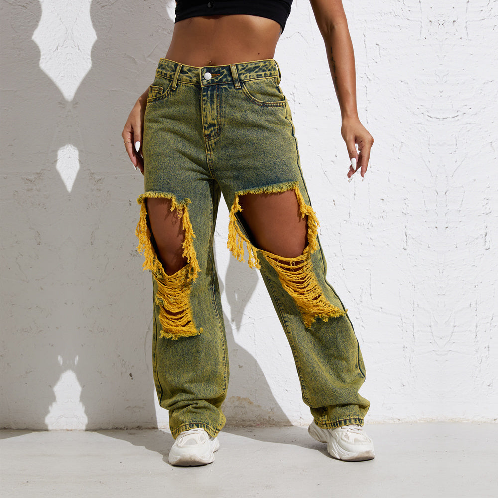 Yellow Wash Streetwear Split Loose Straight Jeans Y2K Ripped Retro Women Denim Pants