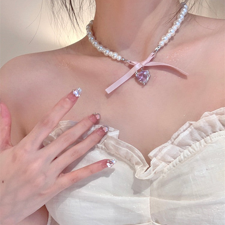 Romantic Love Heart-shaped Bow Tie Pearl Necklace For Women Sweet Clavicle Chain