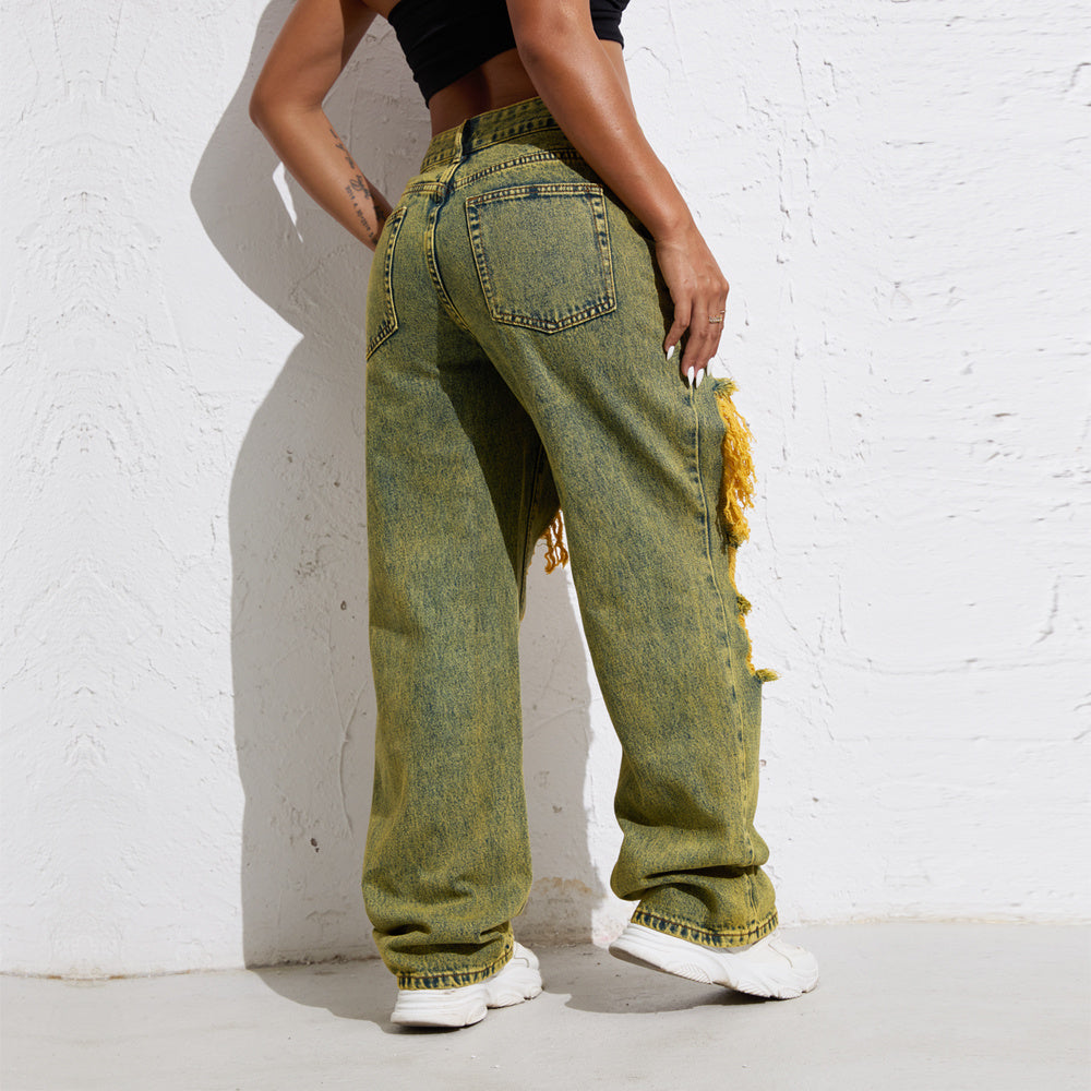 Yellow Wash Streetwear Split Loose Straight Jeans Y2K Ripped Retro Women Denim Pants