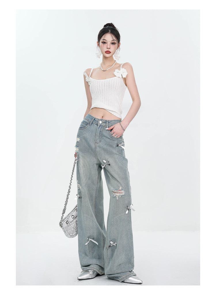 Women's Bow Wide Leg Retro Ripped Straight Jeans