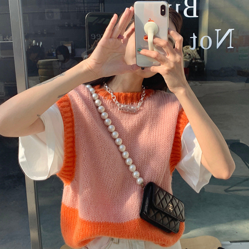 Retro Contrast Color Knitted Vest Fashion Sweater With Short Sleeves