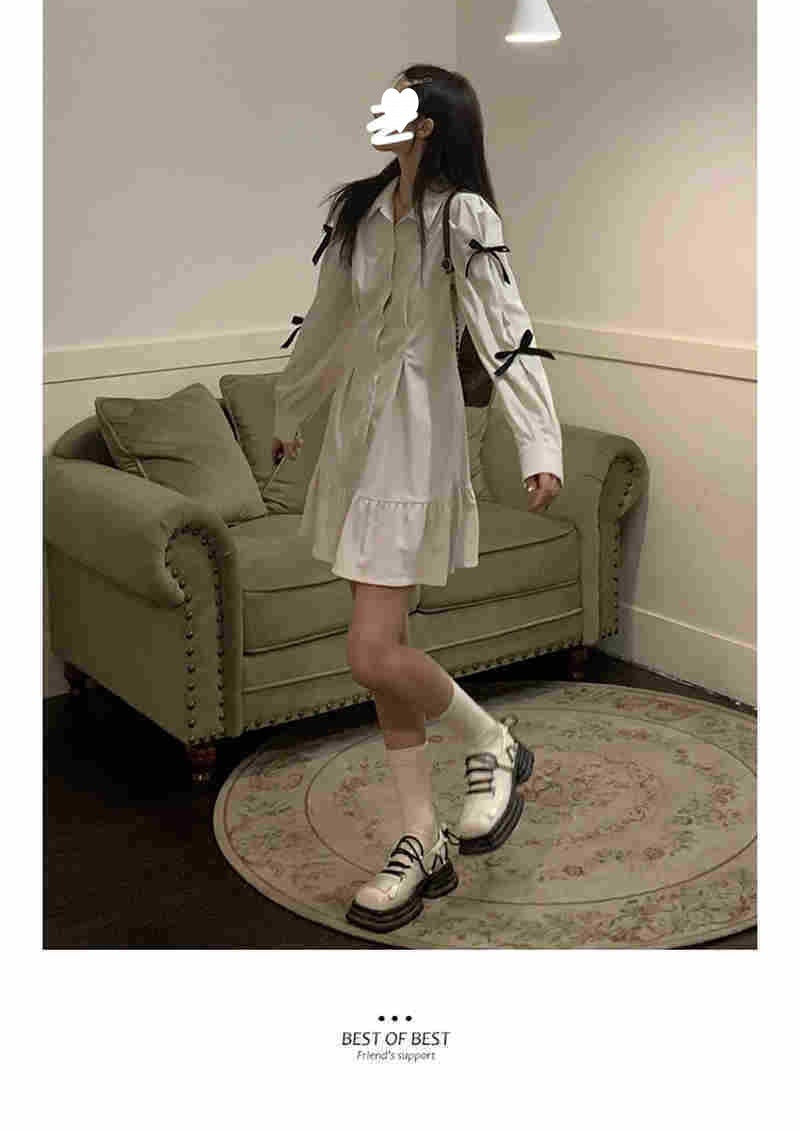 Women Bow Shirt Dress Polo Collar White Long Sleeve Short Dress