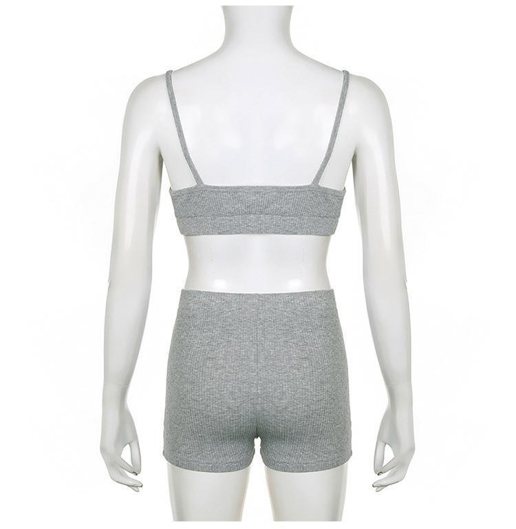 Knitted Zipper Sweater V-neck Triangle Cup Bra Shorts Three-piece Suit