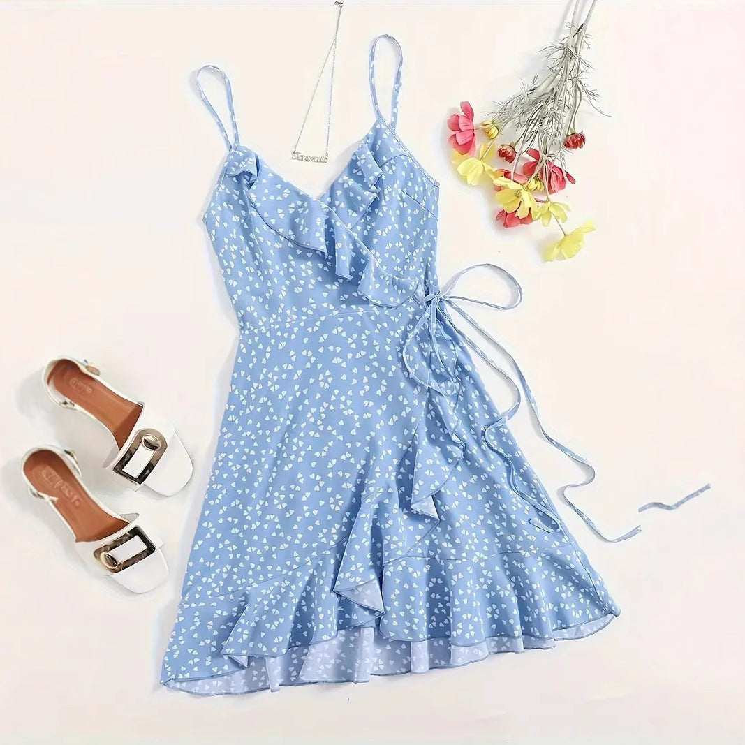 Lace-up Pleated Ruffles Small Floral Dress