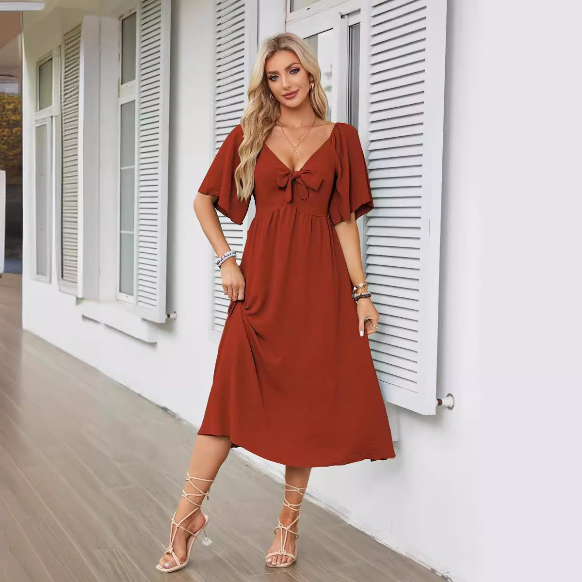 Women's Clothing Spring And Summer Bow V-neck Pleated Mid-length Short Sleeve Dress