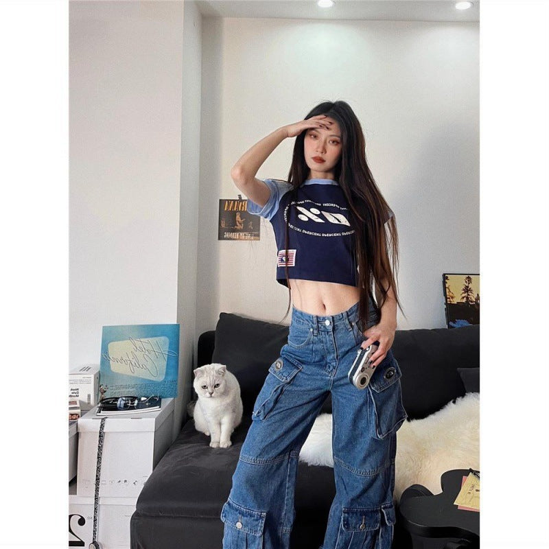 Retro Multi Pocket Overalls Jeans For Women